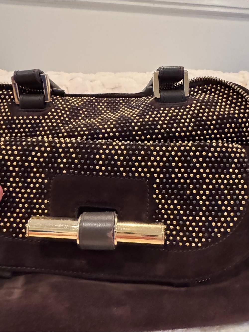 Jimmy Choo Brown Suede Satchel with Gold Stud Detailing - Picture 4 of 12